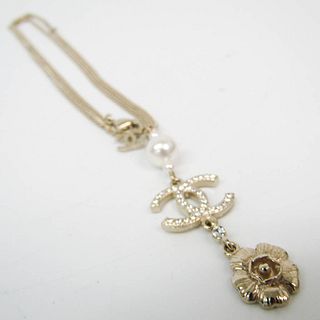 Chanel Artificial Pearl Flower Metal Rhinestone Women's Pendant Necklace (Clear,Gold,Off-white) BF529149