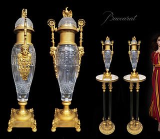 A Pair of Baccarat Crystal & Bronze Figural Urns/Vases