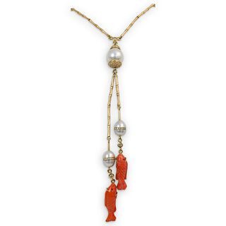 18k Gold, Coral, Pearl and Diamond Necklace