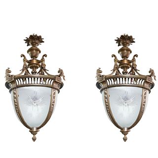 Pair French Dore Bronze & Cut Glass Chandelier