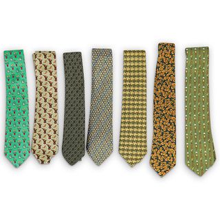 (7 Pcs) Hermes Silk Necktie Group - Green Pattern