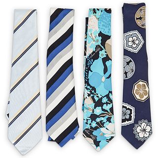 (4 Pcs) Louis Vuitton Silk Necktie Group- Blue Stripes & Floral