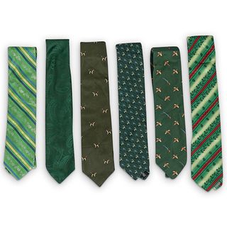 (6 Pcs) Assorted Silk Necktie Group - Green Woven Pattern