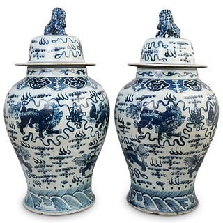 Pair Of Chinese Blue & White Porcelain Ginger Jars