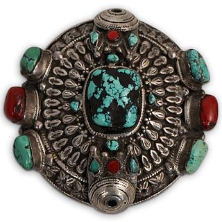 Antique Tibetan Silver, Coral and Turquoise Ornament