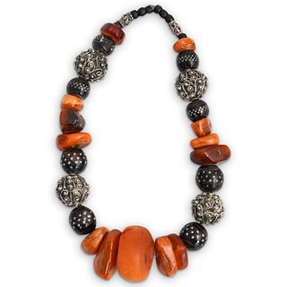 Antique Tibetan Amber and Silver Beaded Necklace
