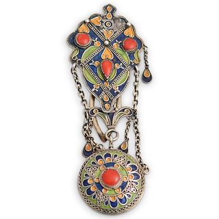 Uzbekistan Sterling Silver Enamel and Red Coral Pocket Watch Fob Case