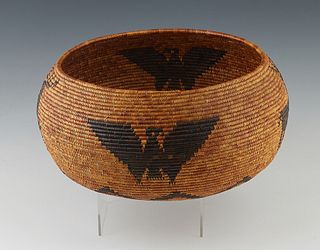 Southwestern Native American Open Basket, possibly Apache, 20th c., with bird and deer motifs, the interior of the basket with a flower/star pattern, 