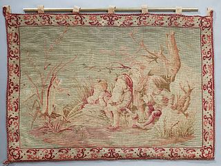 French Hand Made Tapestry, 19th c., depicting four dwarves in a forest and a grasshopper playing a fiddle, with a woven scroll decorated border on all