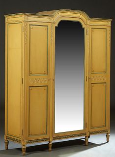 French Style Louis XVI Polychromed Mahogany Armoire, early 20th c., by Hampton Shops, New York, #1060, the stepped arched crown over a central arched 