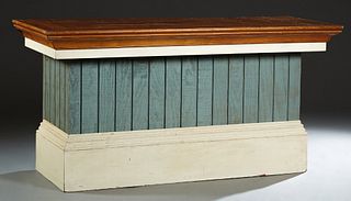 Louisiana Painted Cypress Store Counter, early 20th c., verso with four open shelves, H.- 36 in., W.- 72 1/2 in., D.- 29 1/2 in.