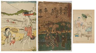 Three Japanese Woodblock prints, consisting of Gekko Osaka (1859-1920), "Serving Wine," H.- 9 5/8 in., W.- 6 5/8 in.; Hokai Kunisada (1848-1920), "Ric