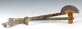 Two Tibetan Bronze Buddhist Ritual Weapons, 19th c., consisting of an axe and a dagger or phurba, both inlaid with cabochon precious stones, Sword- H.