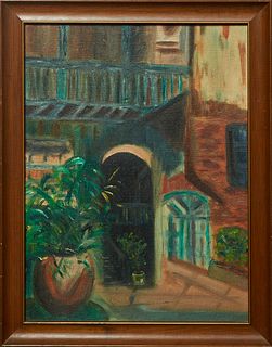 New Orleans School, "Brulatour Court," 20th c., oil on canvas laid to board, unsigned, presented in a wood frame, H.- 15 1/2 in., W.- 11 1/2 in., Fram