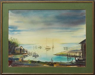 Riley F. Napier (1913-1989, American), "Harbor Scene," 20th c., watercolor on paper, signed lower right, presented in a wood frame, H.- 21 in., W.- 29