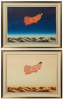 Rudolph Carl Gorman (1932-2005, American/New Mexican), "Flying Woman," and "Flying Girl," pair of colored lithographs, c. 1981, edition of 150, signed