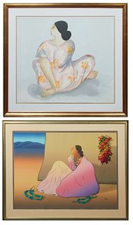 Rudolph Carl Gorman (1932-2005, New Mexican), "Seated Woman," c. 1983, colored lithograph, signed and dated, printed by EPI, presented in a gilt wood 