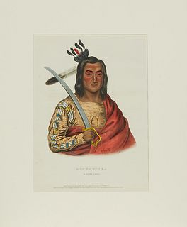Thomas L. Mckenney (1785-1859, American) & James Hall (1793-1868, American), "Mon-Ka-Ush-Ka, A Sioux Chief," 19th c., handcolored lithograph, original