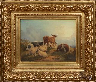 William Watson (1831-1921, English), "Sheep and Highland Cattle in a Pasture," 19th c., oil on canvas, signed lower right, presented in an ornate gilt