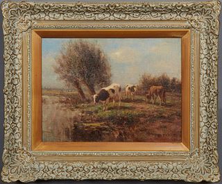 Cornelis Verschuur (P. Bouter, 1888-1966, Dutch), "Cows in a Landscape," 20th c., oil on canvas, signed lower right, presented in a polychromed gesso 