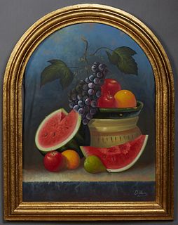 B. Munoz, "Still Life of Fruit and Watermelon," 20th c., oil on canvas, presented in an arched gilt frame, H.- 30 1/2 in., W.- 22 1/2 in.