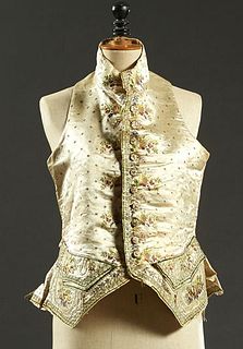 French Silk Man's Vest, 18th c., with extravagant floral embroidered decoration, with two side pockets, H.- 26 in., W.- At Arm Holes- 18 1/2 in.