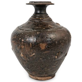 Large Ancient Khmer Pottery Brown Glazed Baluster Vase