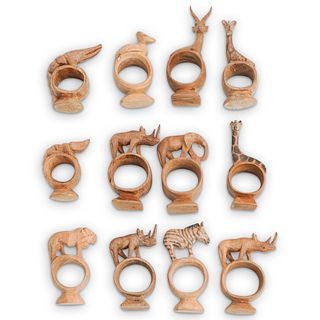 (12Pc) African Carved Wood Animal Napkin Rings