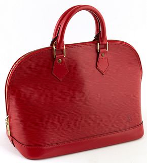 Louis Vuitton Red Epi Leather PM Alma Handbag, with golden brass hardware, opening to a red suede interior with small pocket, H.- 9 in., W.- 12 1/2 in