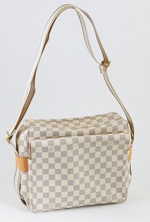 Louis Vuitton Ivory Coated Canvas Damier Azur Naviglio Shoulder Bag, the double flaps with golden snaps, opening to two side pockets lined with beige 