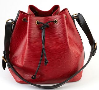 Louis Vuitton Noe Bi-Color Epi Calf Leather PM Shoulder Bag, with golden brass hardware, opening to a red suede interior, the adjustable black leather