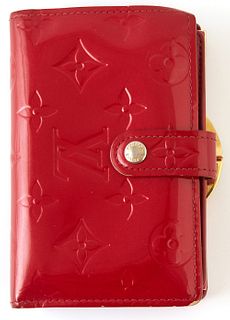Louis Vuitton Rouge Fauviste French Purse, the calf leather Monogram Vernis with golden brass accent, opening to two card holders, three bill compartm