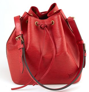 Louis Vuitton Noe Red PM Epi Leather Shoulder Bag, with red stitching and brass hardware, opening to a red suede interior with key ring, the strap wit