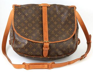 Louis Vuitton Brown Monogram Coated Canvas 30 Saumur Shoulder Bag, the exterior of the messenger bag with a double sided flap with vachetta leather st