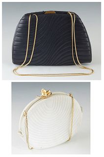 Two Vintage Judith Leiber Handbags, c. 1980, one in a navy blue leather with navy blue stitch decoration, the gold clasp opening to a navy blue linker