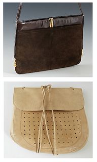 Two Vintage Charles Jourdan Handbags, the first a Parallele, made in Italy, with a chocolate suede and leather exterior with gold hardware, opening to