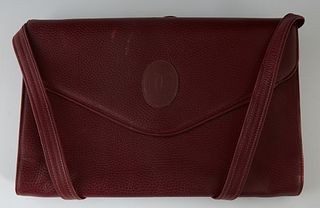 Vintage Cartier Maroon Leather Envelope Shoulder Bag, the interior of the bag lined in maroon silk with a divider down the middle of the bag and a sid