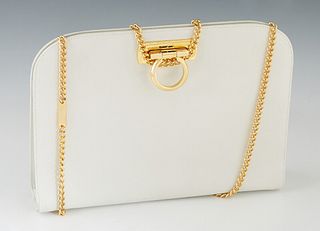 Salvatore Ferragamo Ivory Leather Shoulder Bag, with gold chain and clasp, the interior of the bag lined in black silk with a side zip closure pocket,