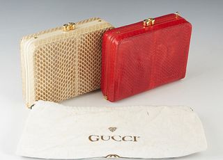 Two Vintage Gucci Box Python Handbags, one died red and the other natural, both with gold hardware, the interior of the bags lined in sueded with one 