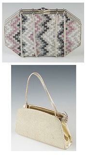 Two Judith Leiber Rhinestone Evening Bags, one with a tri-color zig-zag rhinestone pattern, the silver push button closure opening to a silver metalli