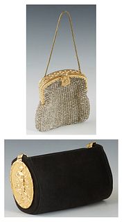 Two Vintage Handbags, the first a Rosenfield black suede coin purse, with gold hardware decorated with floral etchings and figural motifs on either en