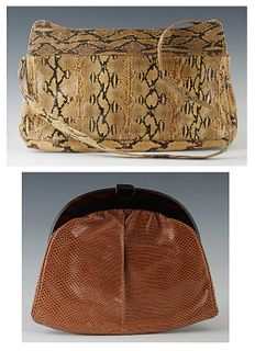 Two Vintage Handbags, the first a snakeskin shoulder bag, Made in the Philippines, with silver hardware and snap closures, the interior of the bag lin