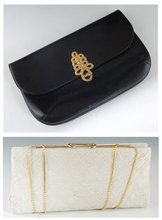 Two Judith Leiber Leather Evening Bags, the first a black leather clutch with gold hardware, the interior of the bag lined in black leather with two o