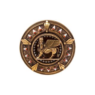 ASSYRIAN REVIVAL, YELLOW GOLD AND ENAMEL BROOCH