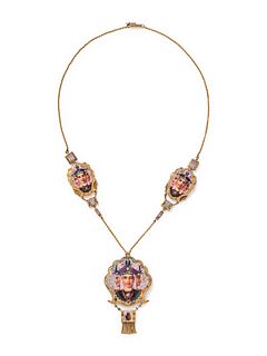 EGYPTIAN REVIVAL, YELLOW GOLD, ENAMEL AND DIAMOND NECKLACE
