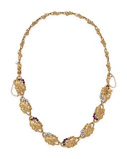 FRENCH, ART NOUVEAU, YELLOW GOLD, RUBY AND PEARL CONVERTIBLE NECKLACE