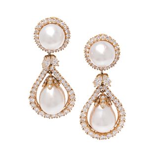 HARRY WINSTON, CULTURED PEARL AND DIAMOND CONVERTIBLE EARCLIPS