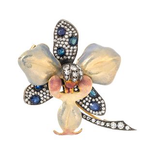 EVELYN CLOTHIER, DIAMOND, SAPPHIRE AND ENAMEL ORCHID BROOCH
