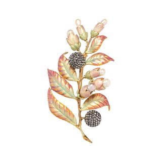 EVELYN CLOTHIER, ENAMEL, DIAMOND AND CULTURED PEARL BROOCH