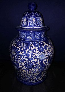 Floral White and Blue Vase with Lid 